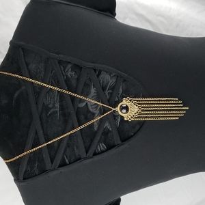 Gold Tone Dangle Chain and Black Stone Long Necklace 26 inch Length